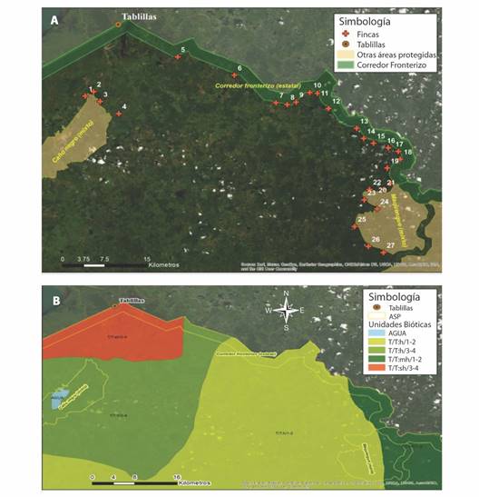 Regi&oacute;n de estudio. A) Ubicaci&oacute;n de sitio Las Tablillas (sitio de segregaci&oacute;n), los sitios potenciales de compensaci&oacute;n identificados (puntos 1-27) y &aacute;reas silvestres protegidas. B) Unidades bi&oacute;ticas en regi&oacute;n de estudio (sensu Herrera & G&oacute;mez, 1993). / Fig. 1. Study region. A) Location of the Las Tablillas site (segregation site), the potential compensation sites identified (points 1-27) and protected wild areas. B) Biotic units in the study region (sensu Herrera & G&oacute;mez, 1993).