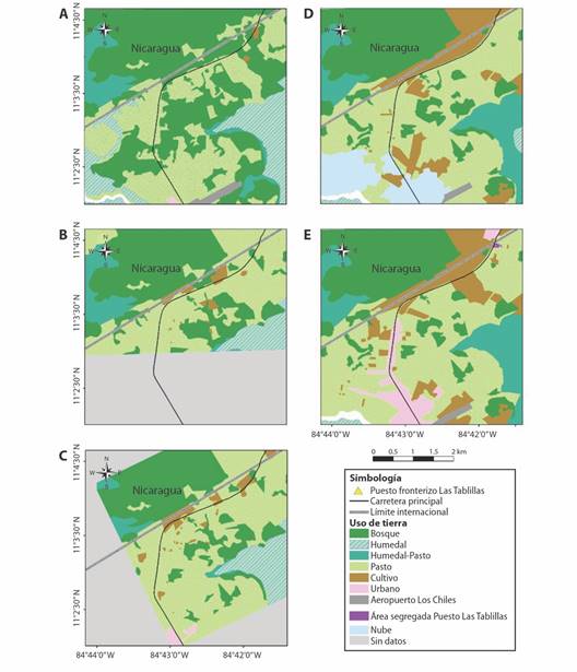 An&aacute;lisis temporal del cambio del uso de suelo en el sitio de impacto. Se marca el camino desde Los Chiles hasta el Puesto Fronterizo Las Tablillas y la l&iacute;nea fronteriza A) A&ntilde;o 1961. B) A&ntilde;o 1987. C) A&ntilde;o 1994. D) A&ntilde;o 2008. E) A&ntilde;o 2020. N&oacute;tese incremento de actividad agr&iacute;cola y la cobertura urbana proveniente de Los Chiles que entra al &aacute;rea del RNVSCFN. / Fig. 3. Temporal analysis of land use change at the impact site. We mark the road from Los Chiles to the Las Tablillas Border Post and the border line A) Year 1961. B) Year 1987. C) Year 1994. D) Year 2008. E) Year 2020. Note the increase in agricultural activity and the urban sprawl from Los Chiles that enters the RNVSCFN area.