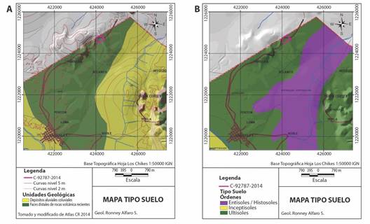 A) Mapa Geol&oacute;gico de la regi&oacute;n Las Tablillas, Los Chiles, Alajuela. B) Mapa tipo de suelo, regi&oacute;n Las Tablillas, Los Chiles, Alajuela. / Fig. 4. A) Geological map of the Las Tablillas, Los Chiles, Alajuela region. B) Soil type map, Las Tablillas region, Los Chiles, Alajuela.