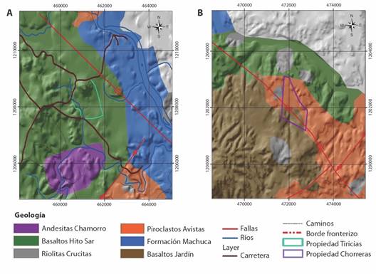 A) Mapa Geol&oacute;gico de la regi&oacute;n Tiricias. B) Mapa Geol&oacute;gico de la regi&oacute;n Chorreras. / Fig. 5. A) Geological map of the Tiricias region. B) Geological map of the Chorreras region.