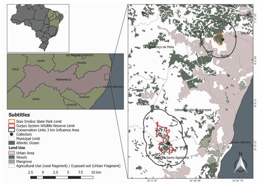Location of the urban and rural fragments of Atlantic rainforest evaluated in the metropolitan region of Recife.