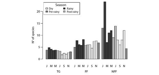 Barplots depicting monthly variation in the expected (i.e., rarefied to equalize sampling effort) number of migrant bird species in each vegetation type along the coast of Piau&iacute; State, Brazil. TG = transition grasslands, FF = flooding fields, NFF = non-flooding fields. Bar colors represent different seasons.