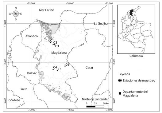 Ubicación de las charcas temporales evaluadas, C1: Villa Leidy, C2: Los Trillizos C3: El Paraíso, C4: El Miquito, C5: Los Campanos y C6: La Dicha. / Fig. 1. Location of the temporary ponds evaluated, C1: Villa Leidy, C2: Los Trillizos, C3: El Paraíso, C4: El Miquito, C5: Los Campanos and C6: La Dicha.