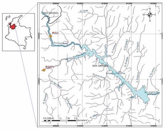 Sampling sites in the tributaries of the Punchin&aacute; reservoir. Modified from R&iacute;os-Pulgar&iacute;n et al. (2020).