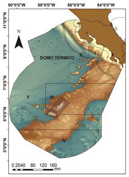 Zona Económica Exclusiva del Pacífico de Costa Rica, con delimitación del Domo Térmico (Capa del Domo Térmico: Fundación MarViva. 2016. Ubicación media estimada del Domo Térmico), las áreas marinas protegidas (Sistema Nacional de Áreas de Conservación, 2013; Sistema Nacional de Áreas de Conservación, 2016) (polígono cuadriculado) y el ordenamiento pesquero (Decreto 38681 MAG-MINAE, La Gaceta No. 213, 09 de octubre 2014) (Zonas I a V). / Fig. 1. Exclusive Economic Zone of the Pacific of Costa Rica, with delimitation of the Thermal Dome (Thermal Dome Layer: Fundación MarViva. 2016. Estimated average location of the Thermal Dome), marine protected areas (Sistema Nacional de Áreas de Conservación, 2013; Sistema Nacional de Áreas de Conservación, 2016) (squared polygon) and the fishing zoning (Decree 38681 MAG-MINAE, La Gaceta No. 213, October 9, 2014) (Zones I to V).