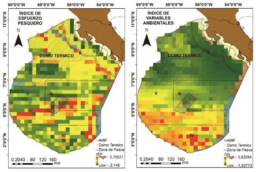 Distribución general de un Índice de Esfuerzo Pesquero y un Índice de Variables Ambientales a 0.25 grados de lado, en la Zona Económica Exclusiva del Pacífico de Costa Rica, entre 2012 y 2020, y su relación espacial con el Domo Térmico, el ordenamiento pesquero (Zonas I a V) y las áreas protegidas oceánicas (polígono cuadriculado). / Fig. 2. General distribution of a Fishing Effort Index and an Environmental Variable Index at 0.25 degrees per side, in the Exclusive Economic Zone of the Pacific of Costa Rica, between 2012 and 2020, and their spatial relationship with the Thermal Dome, the fishing zoning (Zones I to V), and oceanic protected areas (squared polygon).