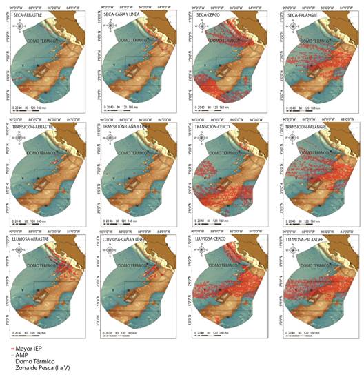 Distribución de las áreas de alto Índice de Esfuerzo Pesquero dentro de la Zona Económica Exclusiva del Pacífico de Costa Rica, del 2012 al 2020, por cuatro flotas de bandera extranjera, en tres épocas climáticas y su relación espacial con el Domo Térmico, el ordenamiento pesquero (Zonas I a V) y las áreas protegidas oceánicas (polígono cuadriculado). / Fig. 3. Distribution of the areas of high Fishing Effort Index within the Exclusive Economic Zone of the Pacific of Costa Rica, from 2012 to 2020, by four foreign-flagged fleets, in three climatic seasons and their spatial relationship with the Thermal Dome, the fishing zoning (Zones I to V), and oceanic protected areas (squared polygon).