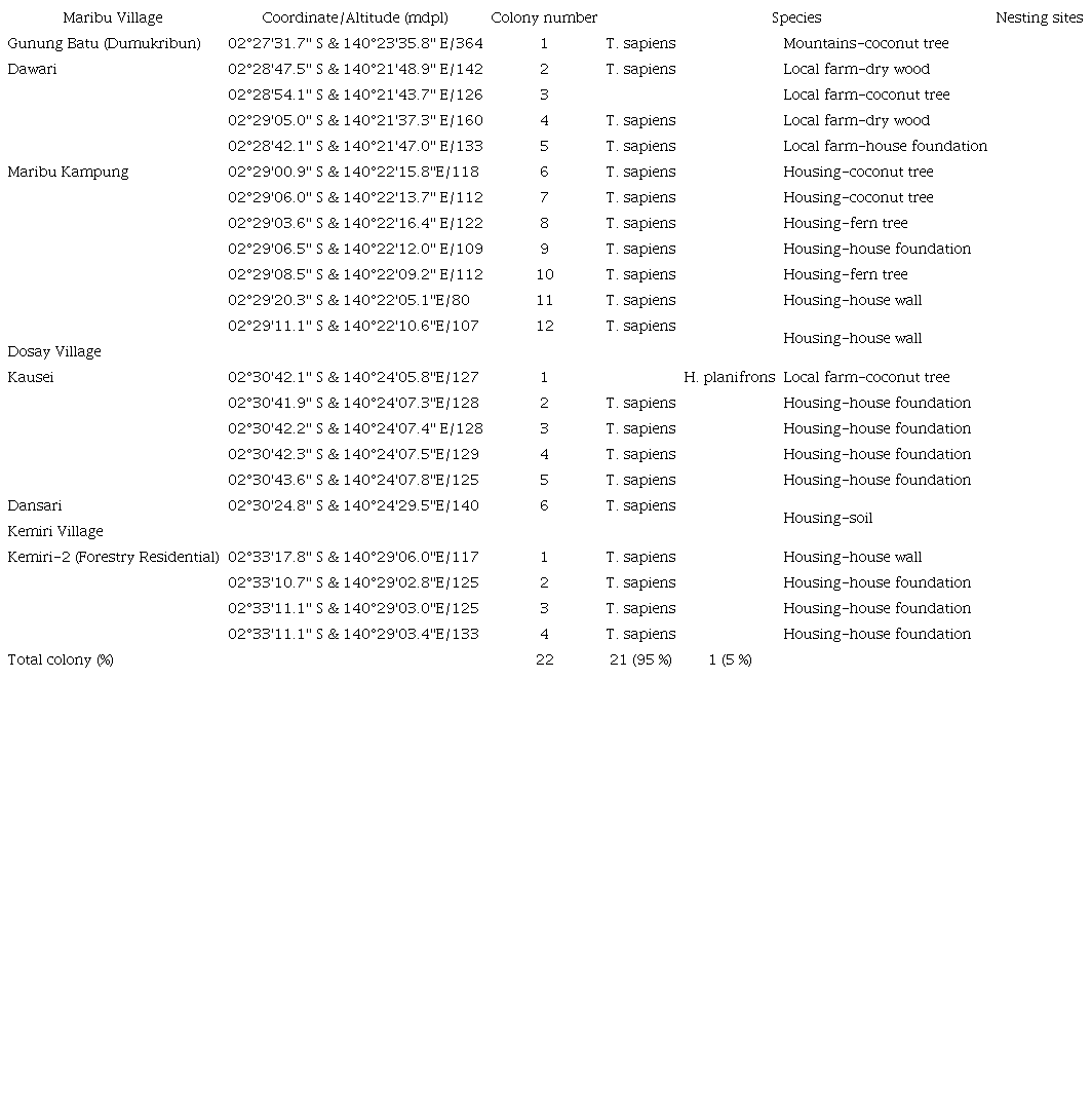 Study sites and the number of colonies of stingless in Maribu, Dosay, and Kemiri villages of Papua