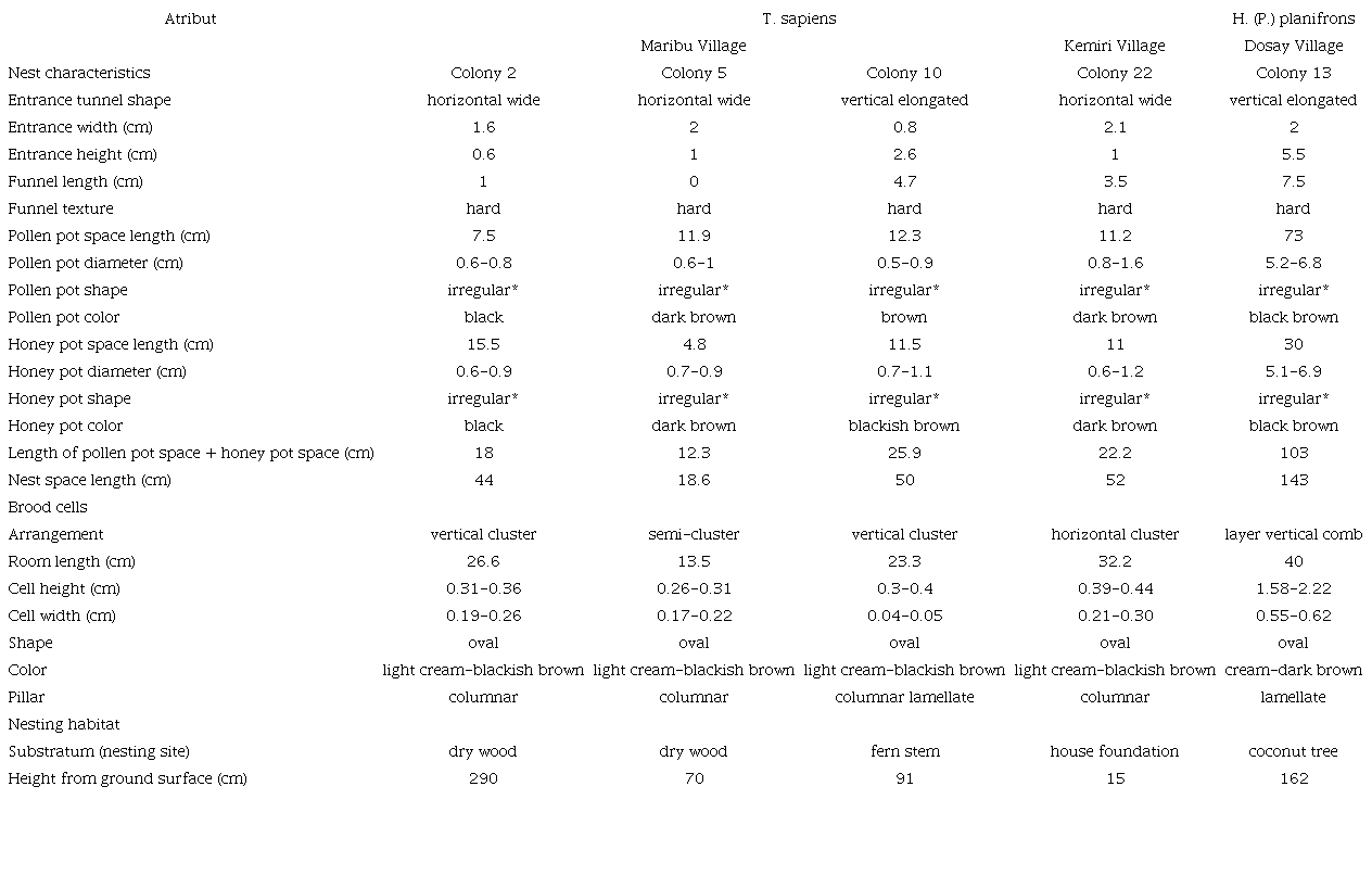 Nest architecture of T. sapiens and H. planifrons (Modification of Wille & Michener, 1973; Dollin, et al., 1997).