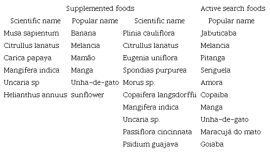 Record of supplementary food offered at the feeder or by active search of the 32 individuals of Amazona aestiva after reintroduction in Condeuba, Bahia.