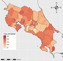 Distribuci&oacute;n espacial de la mortalidad por COVID-19 en Costa Rica. (Los colores m&aacute;s rojos son las tasas de mortalidad m&aacute;s altas). / Fig. 1. Spatial distribution of mortality from COVID-19 in Costa Rica. (The redder colors are the higher death rates).