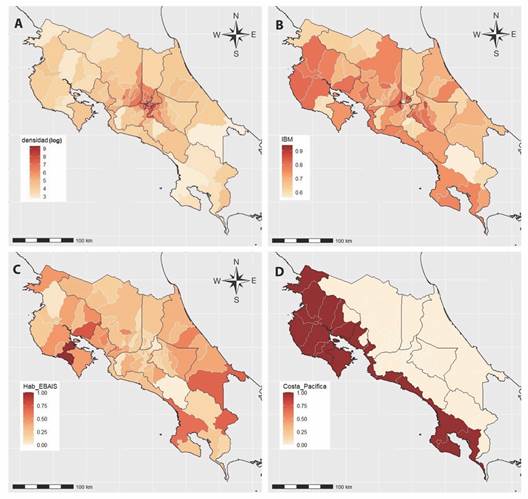 Distribuci&oacute;n espacial de las variables explicativas para mortalidad por COVID-19 en Costa Rica. A. Densidad poblacional (Habitantes por km2, en log), B. &Iacute;ndice de bienestar material (IBM), C. Proporci&oacute;n de habitantes cubiertos por EBAIS, D. Costa pac&iacute;fica, tiene valor de 1 si el cant&oacute;n tiene costa en el Oc&eacute;ano Pac&iacute;fico. / Fig. 2. Spatial distribution of the explanatory variables for mortality from COVID-19 in Costa Rica. A. Population density (Population per km2, in log), B. Material wellbeing index (MBI), C. Proportion of population covered by health system, D. Pacific coast, has a value of 1 if the canton has a coast on the Pacific Ocean.
