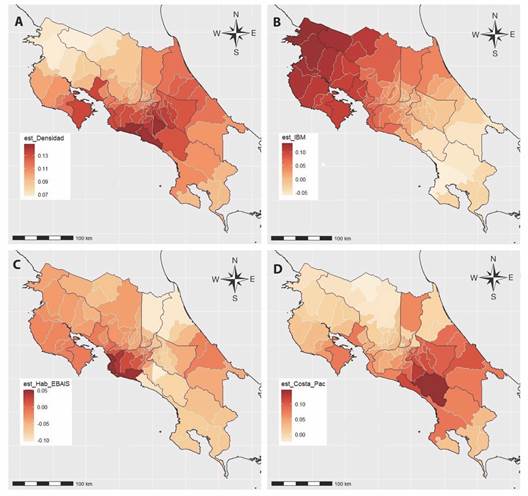 Distribuci&oacute;n espacial de los coeficientes de las variables explicatorias en el modelo de regresi&oacute;n ponderada geogr&aacute;ficamente (GWR) para mortalidad por COVID-19 en Costa Rica. A. Densidad poblacional (Habitantes por km2, en log), B. &Iacute;ndice de bienestar material (IBM), C. Cobertura de habitantes por EBAIS, D. Costa pac&iacute;fica, tiene valor de 1 si el cant&oacute;n tiene costa en el Oc&eacute;ano Pac&iacute;fico. / Fig. 3. Spatial distribution of the coefficients of the explanatory variables in the geographically weighted regression (GWR) model for mortality from COVID-19 in Costa Rica A. Population density (Population per km2, in log), B. Material wellbeing index (MBI), C. Proportion of inhabitants covered by EBAIS, D. Pacific coast, has a value of 1 if the canton has a coast on the Pacific Ocean.