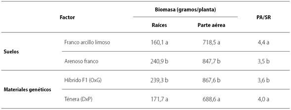 Biomasa de ra&iacute;ces, parte a&eacute;rea y raz&oacute;n parte a&eacute;rea sistema radical (PA/SR) de las palmas aceiteras h&iacute;brido OxG y T&eacute;nera DxP, en vivero en Tumaco 330 DDS.