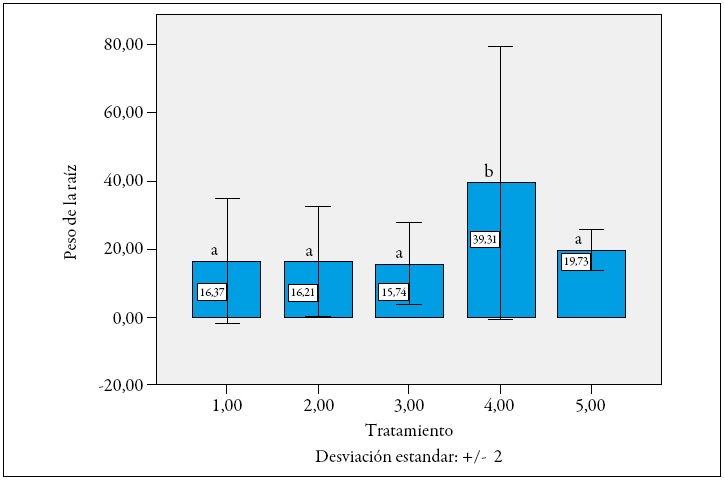 Afectaci&oacute;n del peso fresco de la ra&iacute;z
de las plantas F1 de lulo evaluadas para determinar resistencia a Meloidogyne incognita en
fase de alm&aacute;cigo. Letras iguales sobre las barras significan que no difieren
estad&iacute;sticamente (p > 0,05).
