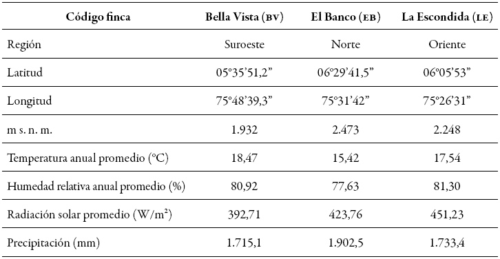 Ubicación y condiciones climáticas de las fincas de
aguacate estudiadas (2016)