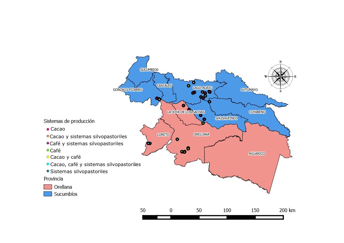 Ubicaci&oacute;n
de fincas productoras de cacao, caf&eacute; y sistemas silvopastoriles,
en las provincias de Sucumb&iacute;os y Orellana (Ecuador)