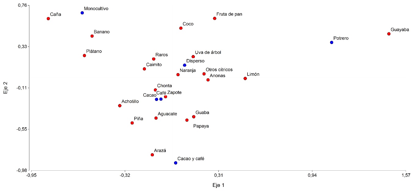 Biplot
obtenido mediante an&aacute;lisis de correspondencias simples de las especies de frutales
asociados con otros sistemas de producci&oacute;n, en las provincias de Orellana y Sucumb&iacute;os,
en la Amazon&iacute;a ecuatoriana.
