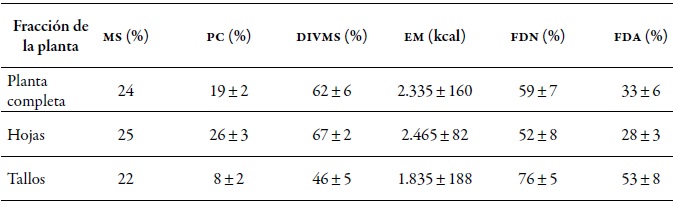 Calidad nutricional
de la planta completa y de cada fracci&oacute;n (hoja-tallo) de Moringa oleifera en bancos forrajeros, en el departamento de
Casanare, Colombia