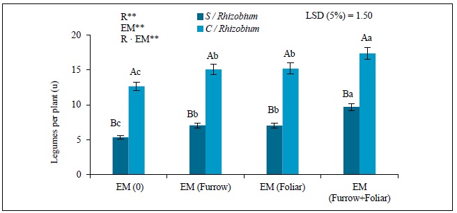 Effect of Rhizobium (0 [S/Rhizobium] and 1 kg in 46 kg of seed [C/Rhizobium]) and em (0, furrow100 mg/L, foliar 100 mg/L and the association between furrow and foliar) in the average production of legumesper plant in common bean cv. Cuba Cueto. r: Rhizobium; em: efficient microorganisms; and r &middot; em: interactionbetween r and em. Values are represented by means &plusmn; sd (n = 5).