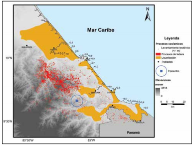 Mapa integrado con los principales procesos cos&iacute;smicos
del Terremoto de Lim&oacute;n de 1991: levantamiento tect&oacute;nico y procesos de ladera