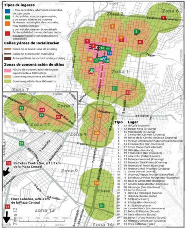 Ciudad de Guatemala: distribuci&oacute;n territorial de los lugares de
socializaci&oacute;n de HSH