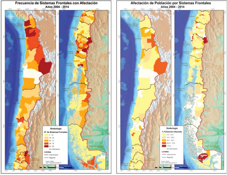 Frecuencia de Sistemas frontales con afectaci&oacute;n y Afectaci&oacute;n de Poblaci&oacute;n por los Sistemas Frontales, 2004 - 2014. 