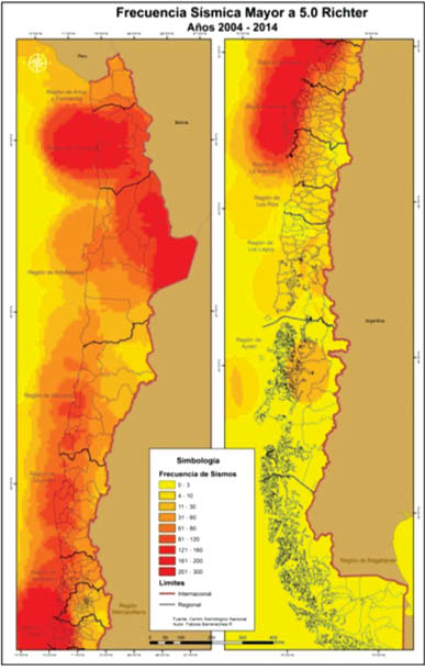 Frecuencia S&iacute;smica Mayor a 5.0 Richter, A&ntilde;os 2004 - 2014.