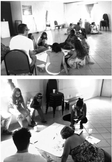 Los cuerpos en el taller de Cartografía Social instituyen un diálogo que compone la obra cartográfica a partir de la experiencia de una producción colectiva.