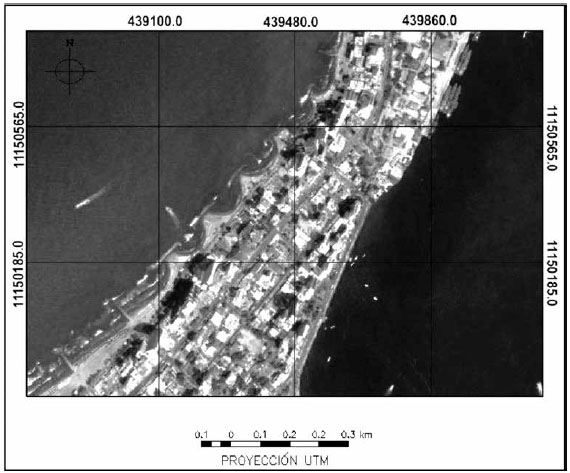 Imagen de Google Earth
georreferenciada de la zona de Boca Grande, donde es posible visualizar las
obras de ingenier&iacute;a para la contenci&oacute;n de la erosi&oacute;n costera.