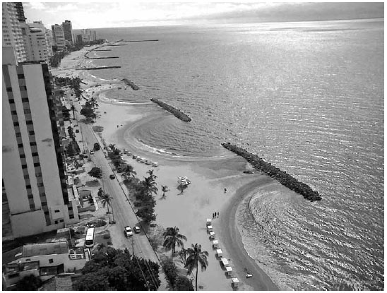 Fotograf&iacute;a mostrando las obras de ingenier&iacute;a al largo de
toda Playa de Boca Grande hechas con rocas calizas de la Formaci&oacute;n La Popa.