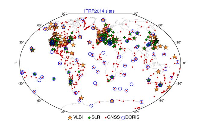 Localizaci&oacute;n de las estaciones usadas en la definici&oacute;n del
ITRF2014 de acuerdo con la t&eacute;cnica de medici&oacute;n