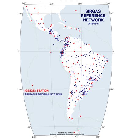 Red de estaciones de operaci&oacute;n continua GNSS para SIRGAS a junio
de 2016