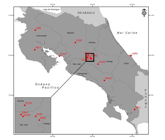 Ubicaci&oacute;n
  de las estaciones GNSS de Costa Rica integradas a la red SIRGAS-CON