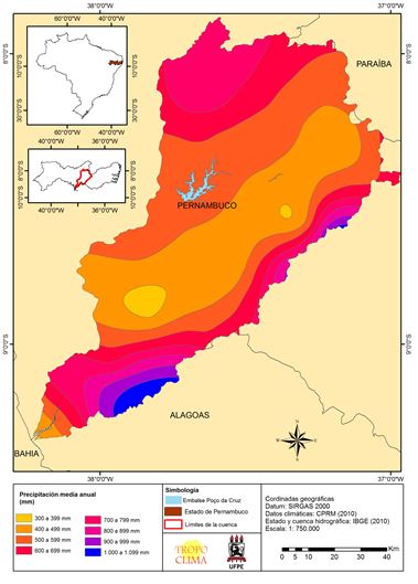 Mapa de la precipitación media histórica de la cuenca
hidrográfica del río Moxotó