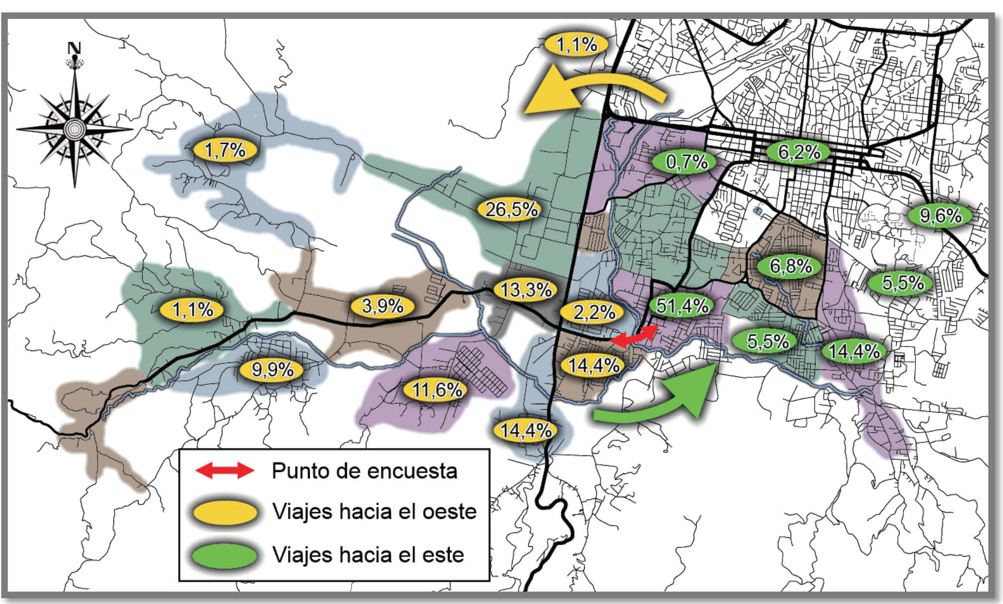 Porcentajes de viajes a or&iacute;genes o destinos en el punto de encuesta 3.