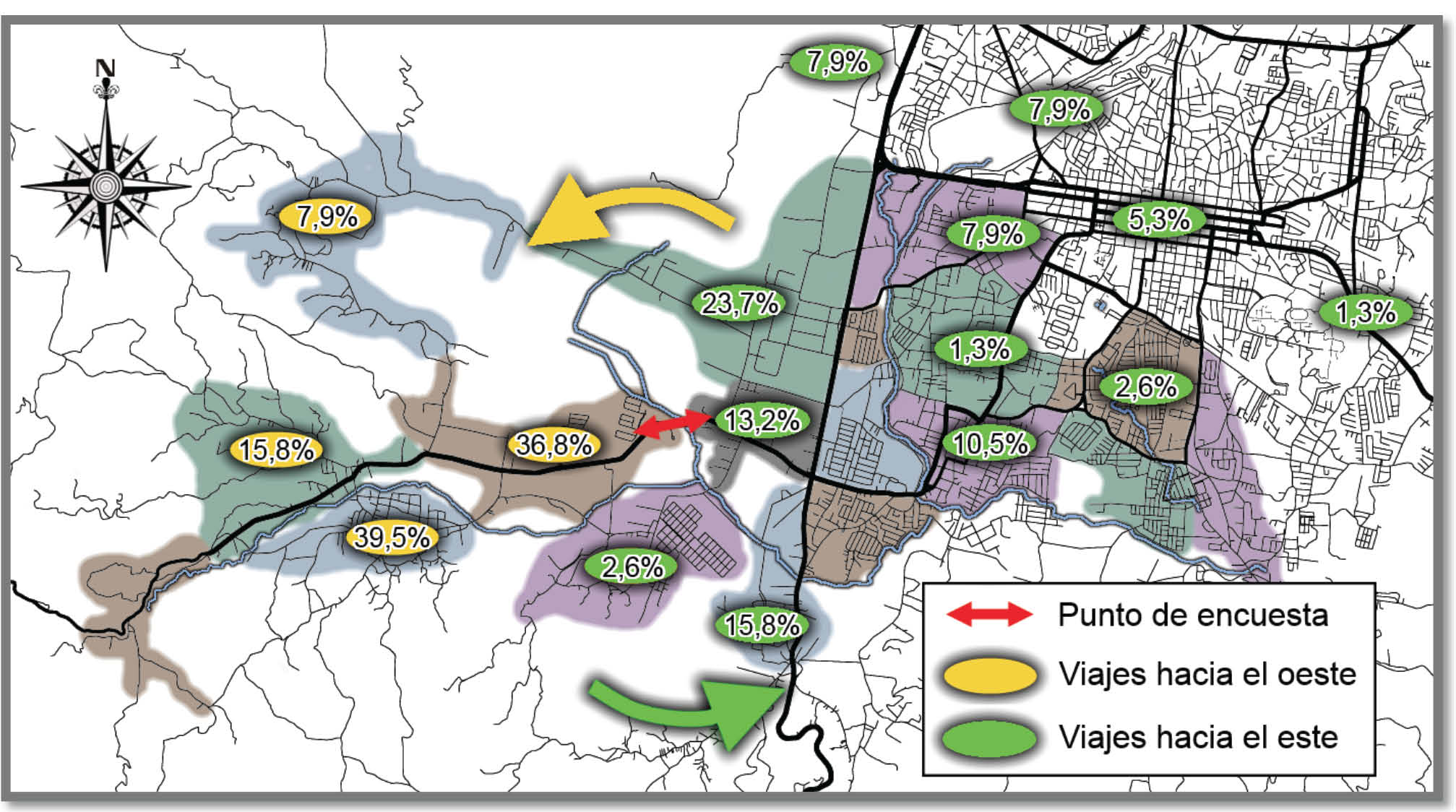 Porcentajes de viajes a or&iacute;genes o destinos en el punto de encuesta 4.