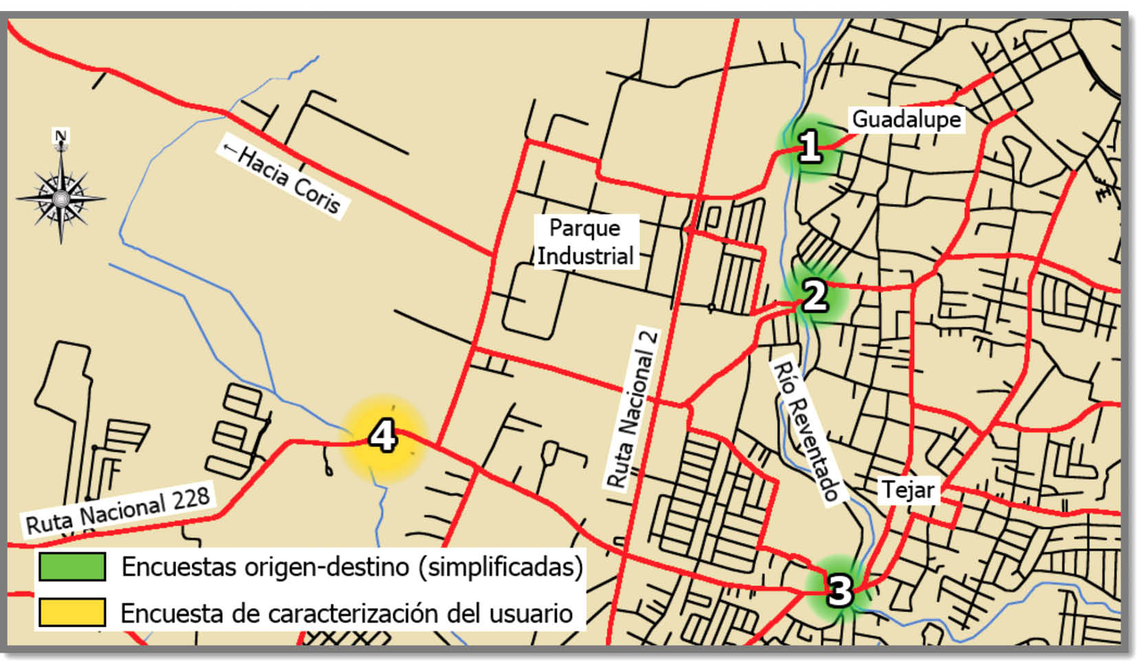 Puntos de encuesta y ubicaci&oacute;n del r&iacute;o Reventado en la zona de estudio