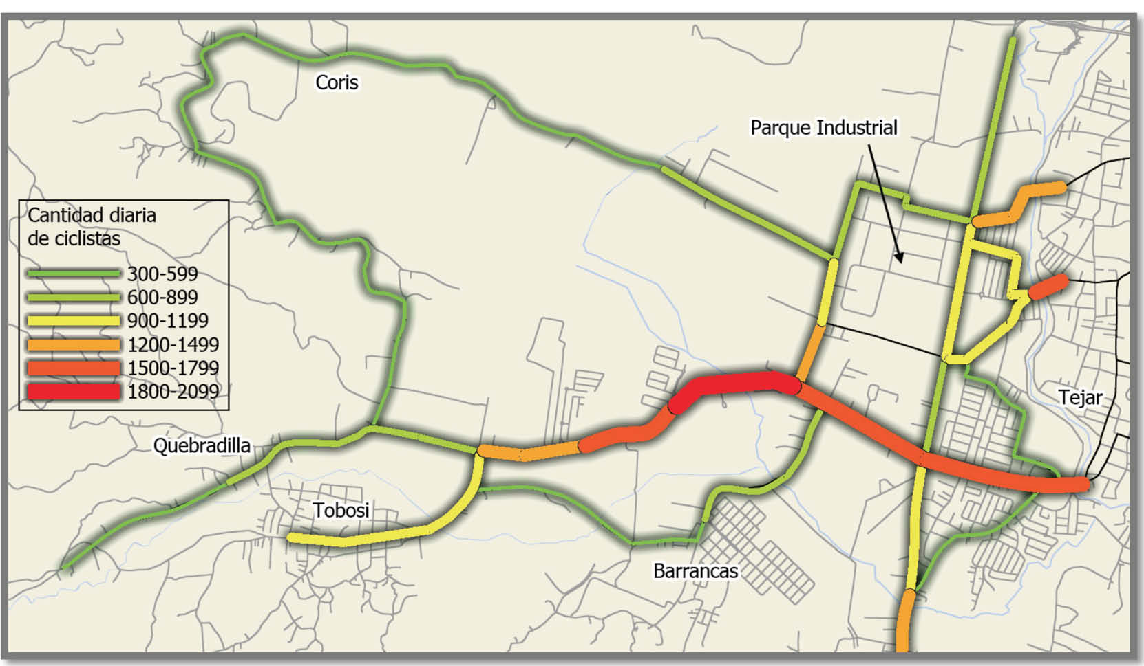 Vol&uacute;menes diarios para d&iacute;as promedio entre semana de bicicletas estimados a partir de conteos