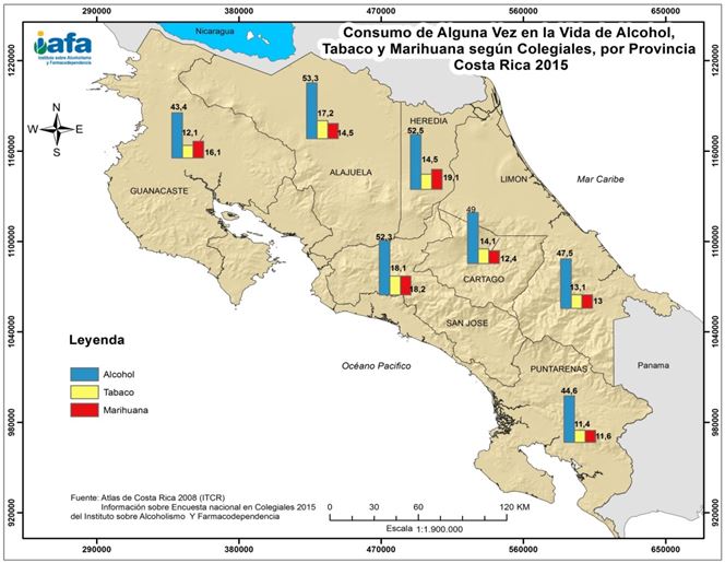 Consumo de
alguna vez en la vida de alcohol, tabaco y marihuana seg&uacute;n poblaci&oacute;n de
educaci&oacute;n secundaria por provincia en Costa Rica, 2015.