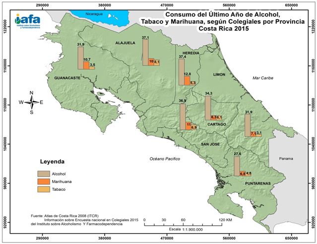 Consumo del
&uacute;ltimo a&ntilde;o de alcohol, tabaco y marihuana seg&uacute;n poblaci&oacute;n de educaci&oacute;n
secundaria por provincia en Costa Rica, 2015.