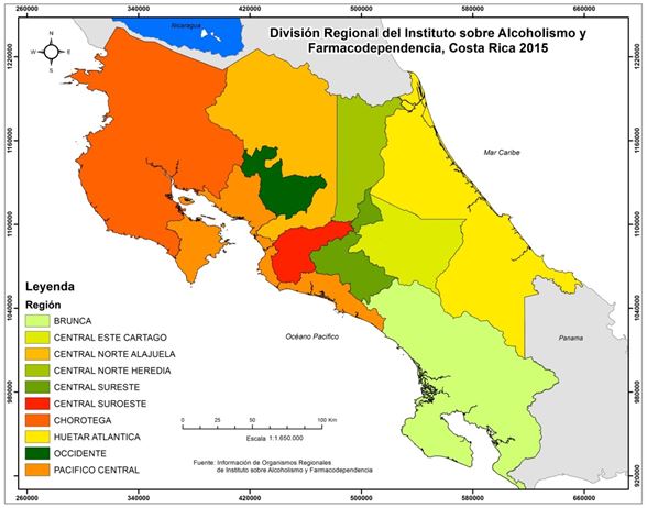 Divisi&oacute;n
regional del Instituto sobre Alcoholismo y Farmacodependencia,   Costa Rica, 2015
