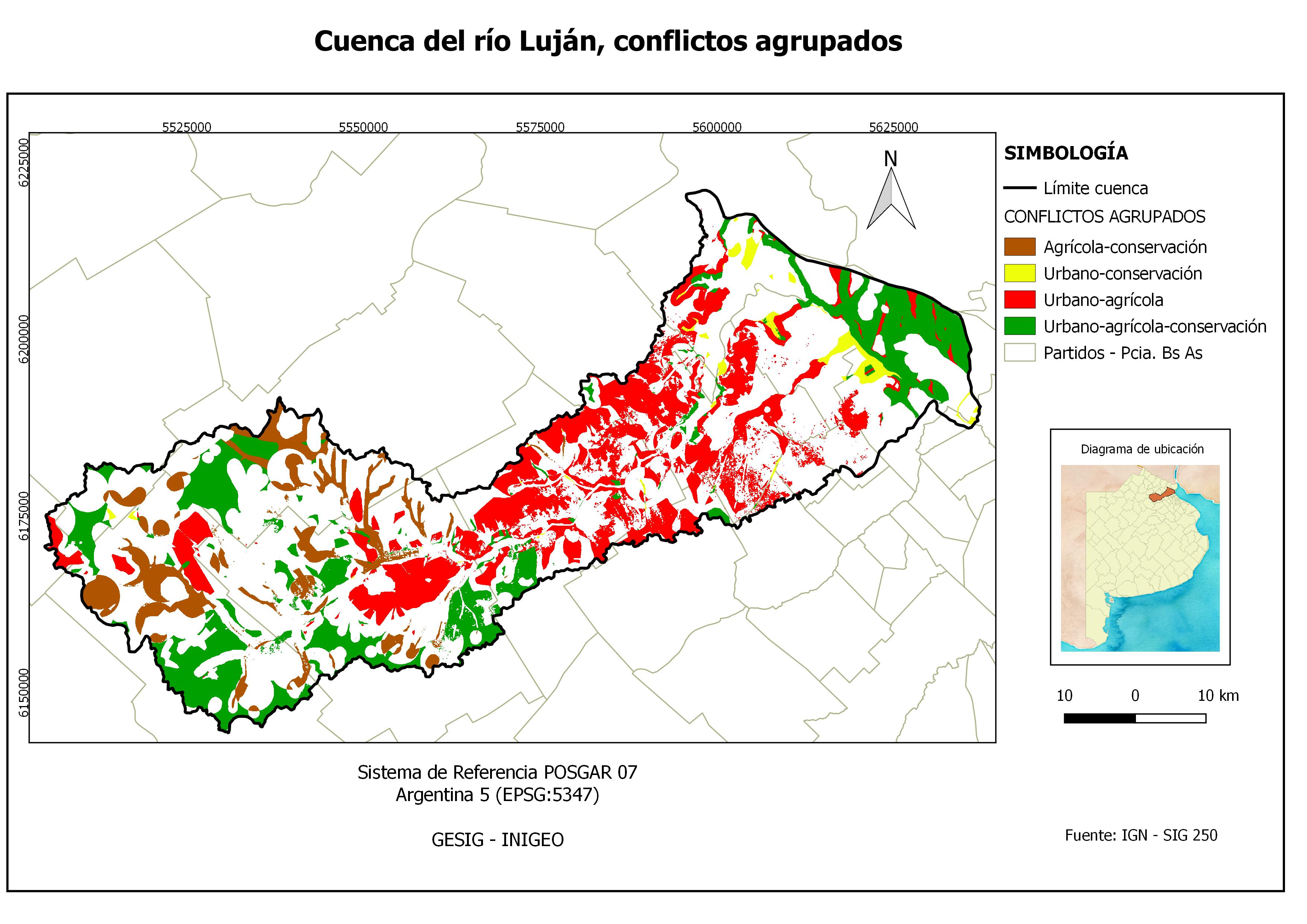 Mapa de
potenciales conflictos entre usos del suelo agrupados