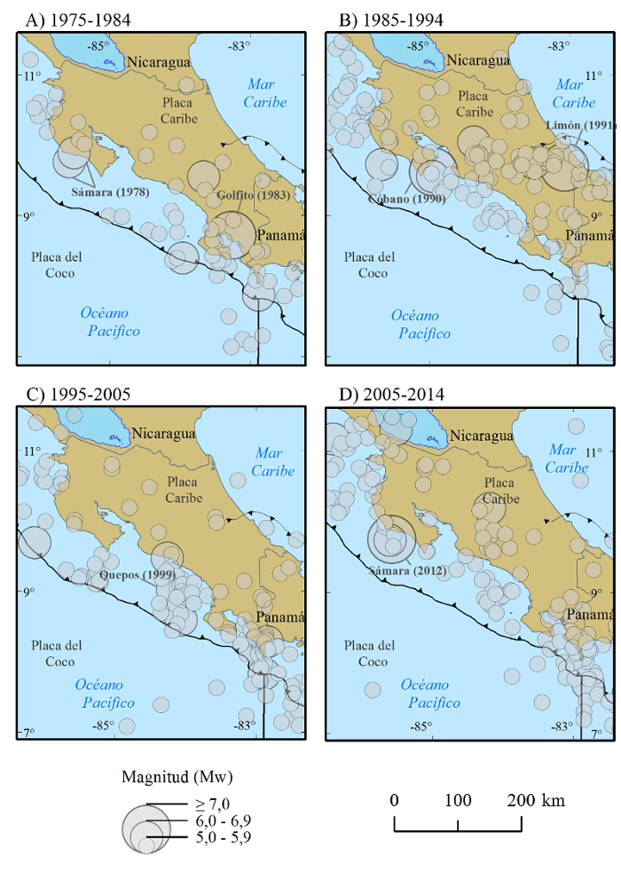 Distribuci&oacute;n geogr&aacute;fica de la sismicidad con Mw &ge; 5,0 por d&eacute;cadas durante 1975-2014. A) 1975-1984. B) 1985-1994. C) 1995-2004. D) 2005-2014