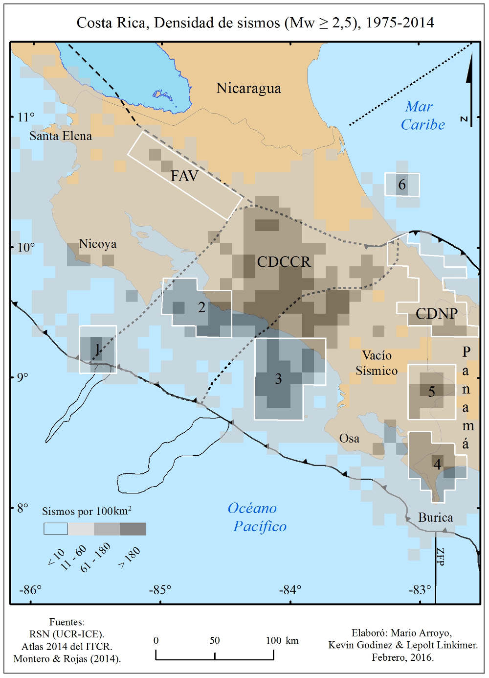 Densidad de sismos con Mw &ge; 2,5 para &aacute;reas de 100 km2 en el periodo 1975-2014. El nombre de las estructuras tect&oacute;nicas es se&ntilde;alado en el Mapa 1