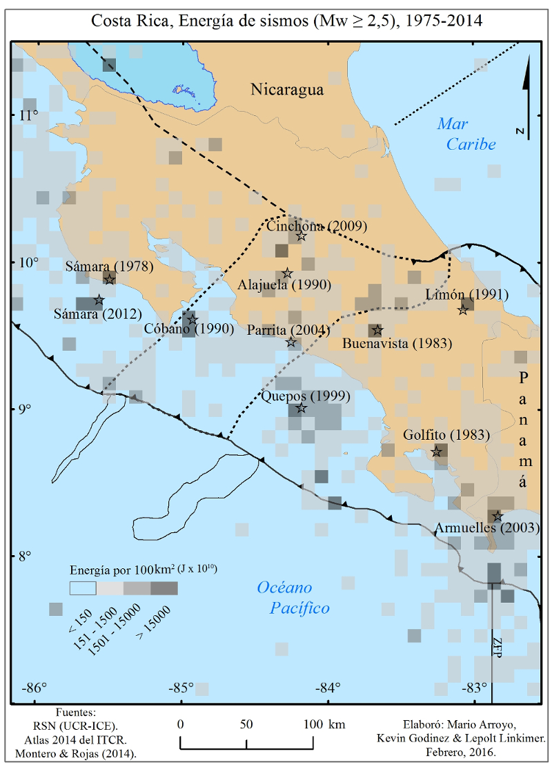 Energ&iacute;a liberada por los sismos localizados por RSN a partir de Mw 2,5 en el periodo 1975-2014. Los sismos de Mw m&aacute;s alta se representan en forma de estrella. El nombre de las estructuras tect&oacute;nicas es se&ntilde;alado en el Mapa 1
