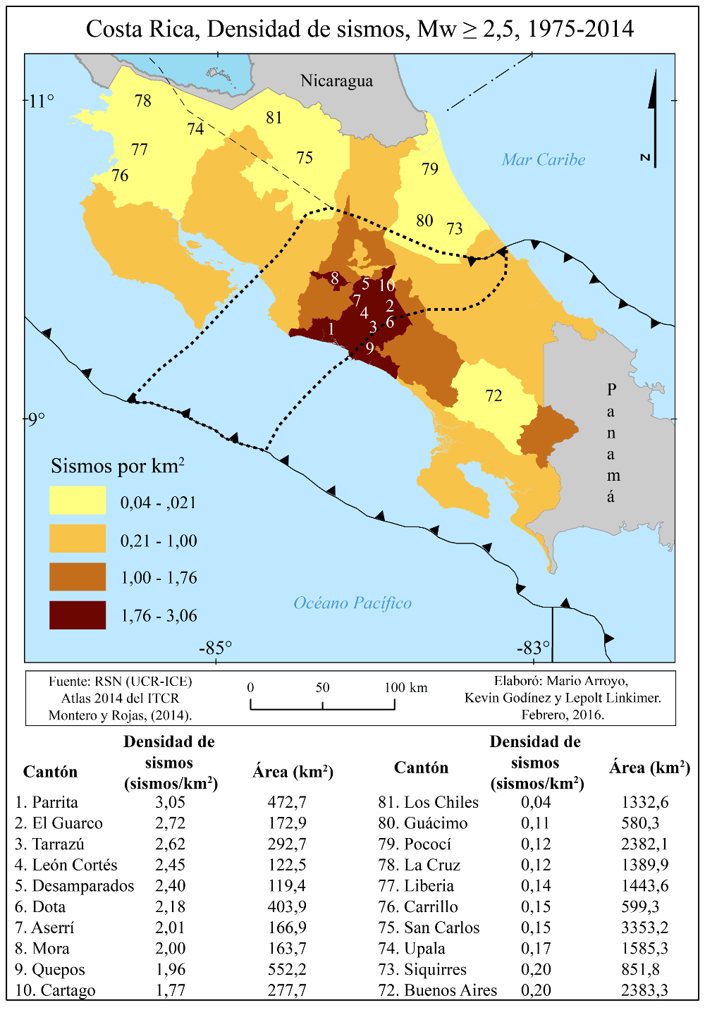 Densidad de sismos con Mw &ge; 2,5 por cant&oacute;n localizados por la RSN en el per&iacute;odo 1975-2014. El nombre de las estructuras tect&oacute;nicas es se&ntilde;alado en el Mapa 1