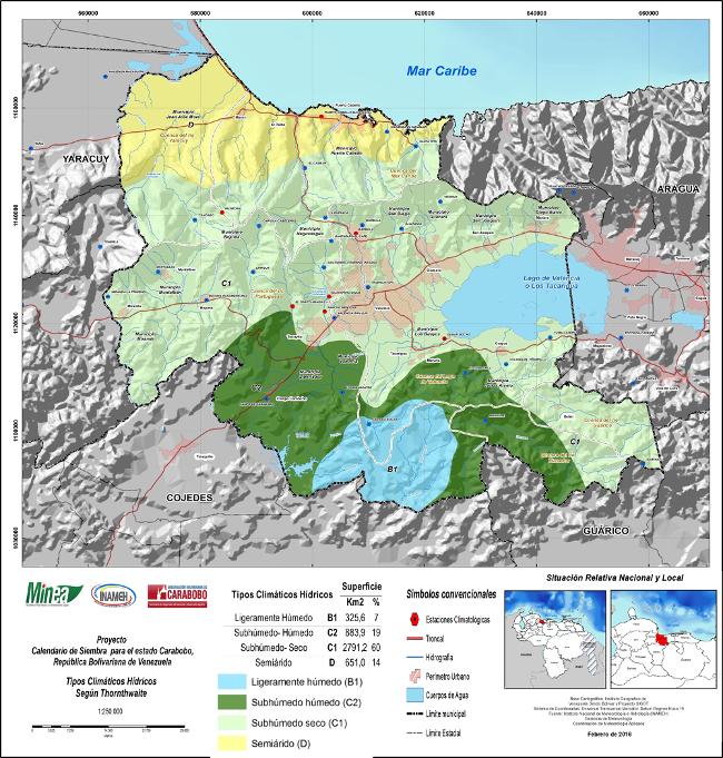Distribución espacial de los tipos climáticos asociados al índice hídrico en las zonas agrícolas de Carabobo, Venezuela.