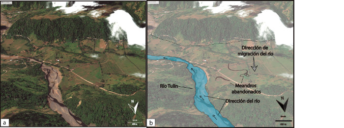 a) Imagen satelital del &aacute;rea de estudio del a&ntilde;o 2012 tomada de Google Earth&trade;. b) se muestra paleocanales y paleolagunas del rio tulin