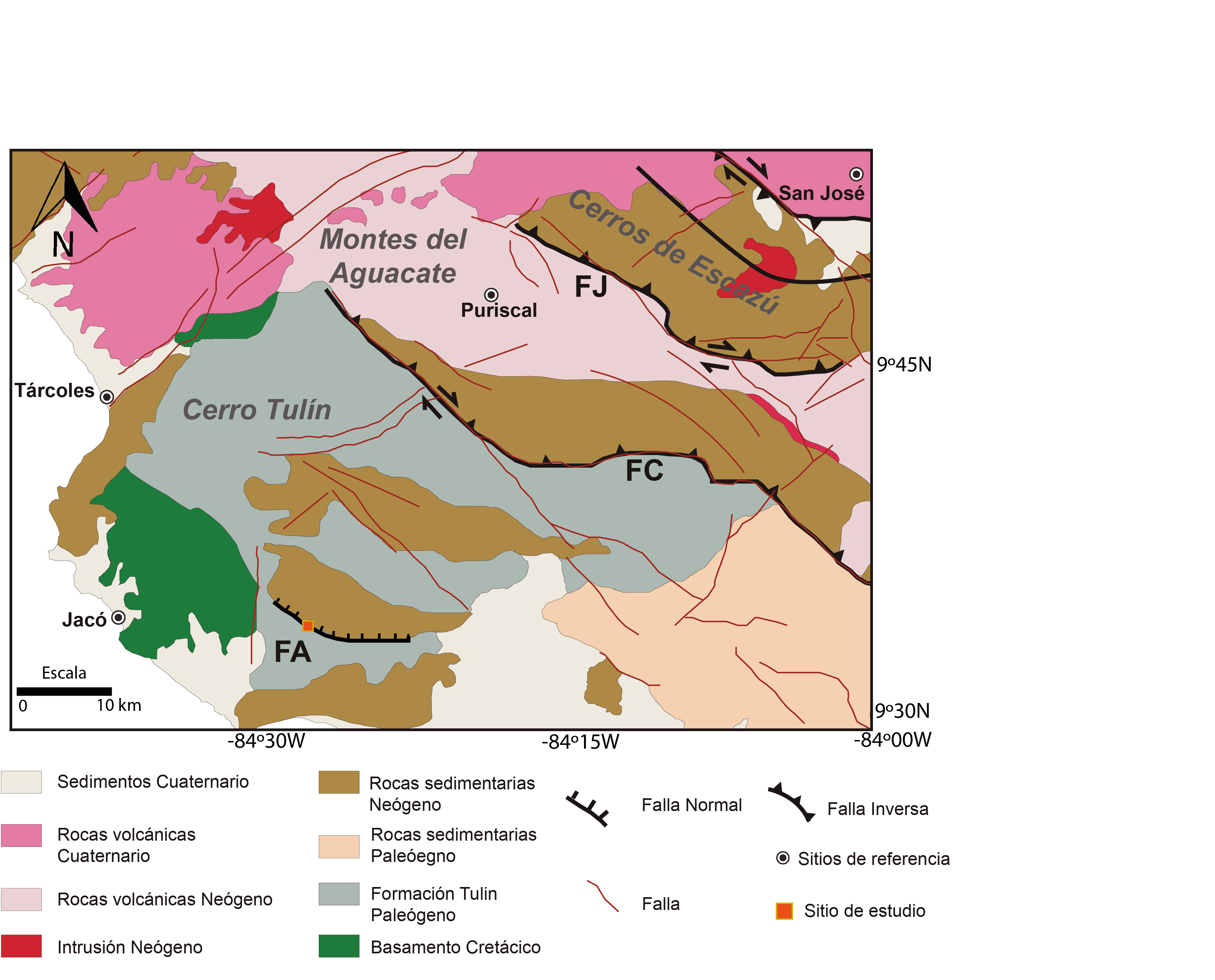 Mapa geol&oacute;gico del antearco central. El &aacute;rea del mapa corresponde al recuadro blanco de la figura 1. Modificado de Denyer y Alvarado (2007). FJ, falla Jaris. FC, falla Candelaria. FA, falla Angostura. Fallas no comprobadas en l&iacute;nea roja.